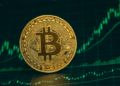 Moneda física de Bitcoin frente a gráficos verdes de mercado financiero