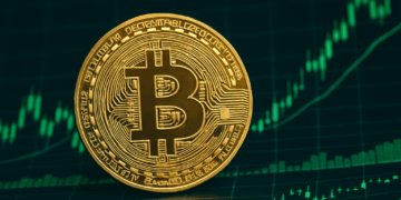 Moneda física de Bitcoin frente a gráficos verdes de mercado financiero