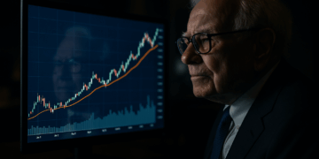 Warren Buffett observa en silencio un gráfico financiero ascendente en su oficina, mientras evalúa inversiones bajo confidencialidad.