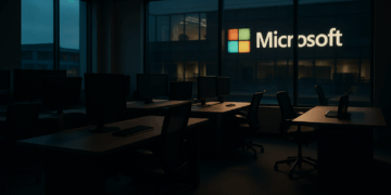 Una oficina moderna de Microsoft vacía durante el atardecer, con escritorios ordenados, pantallas apagadas y luz natural entrando por amplias ventanas, simbolizando los recortes de personal anunciados por la empresa.