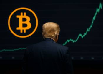 Donald Trump de espaldas frente a una pantalla con gráfico ascendente de Bitcoin y fondo oscuro financiero